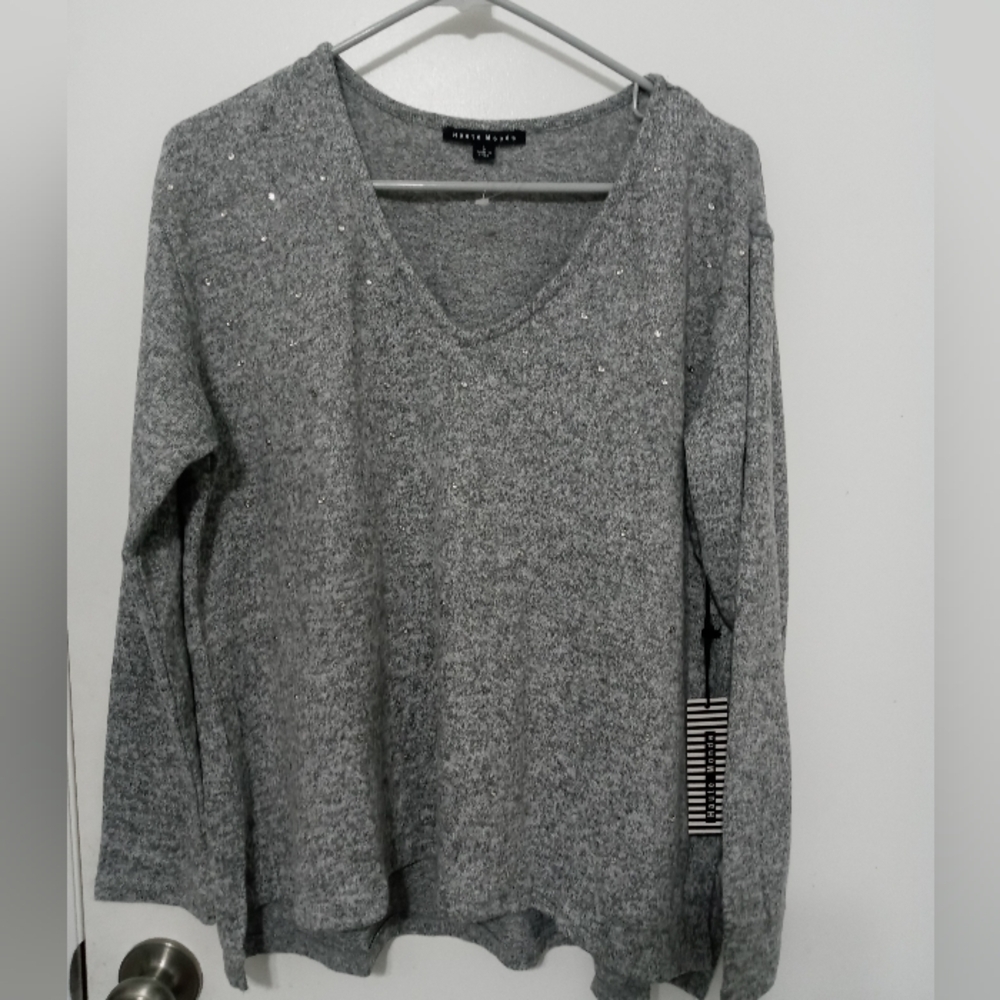 Haute Monde Long Sleeve V Neck "Diamond" Studded Pullover Sweater